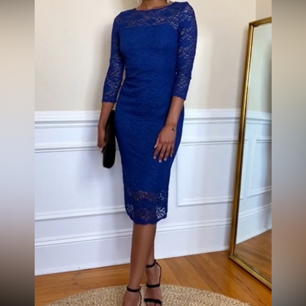 Lauren Ralph Lauren blue lace midi cocktail dress, ruched waist wide neck